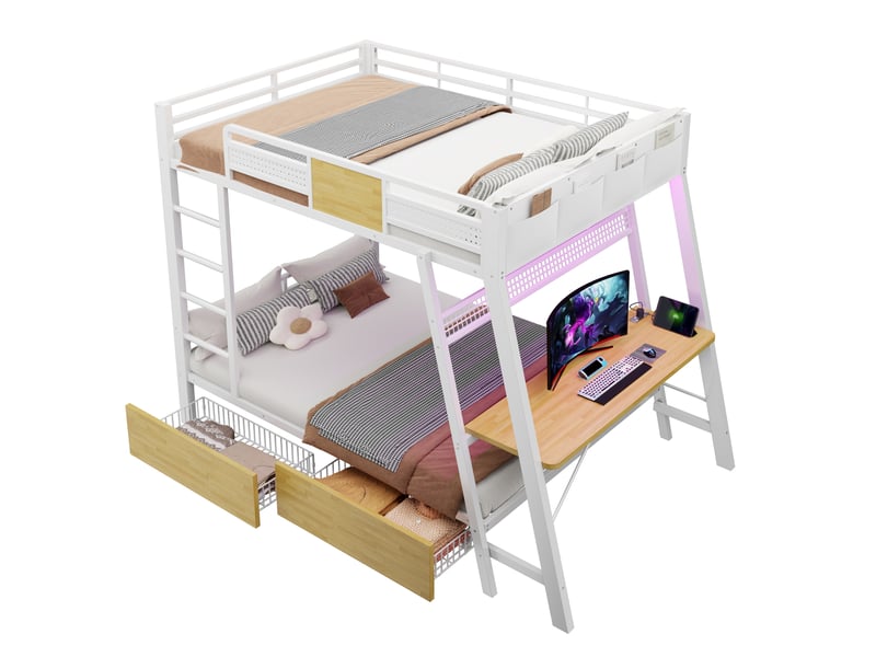  Lit mezzanine 140x200 cm, lit combiné, tiroirs de rangement, bureau intégré, penderie, éclairage led, ports usb et type-c, métal noir CozyNest - Conforama A
