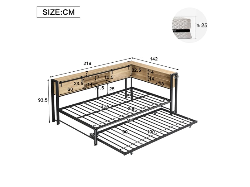  Lit simple 120x200 cm avec lit tiroir 90x190 cm, noir et naturel, sans matelas  - Conforama C