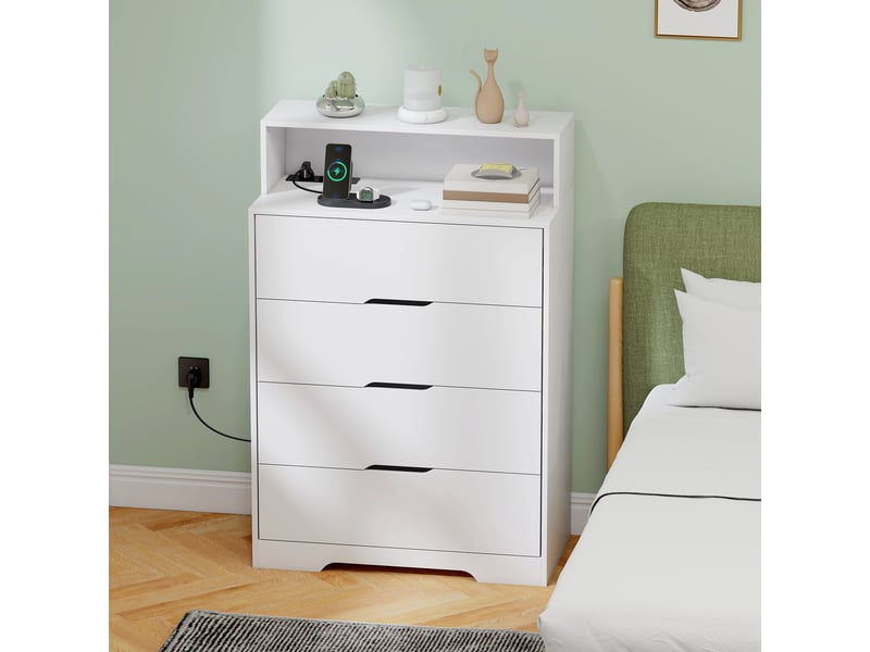  Commode 4 tiroirs avec station de charge, port usb, port usb-c, étagère ouverte, 80 x 40 x 120 cm, blanche  - Conforama C