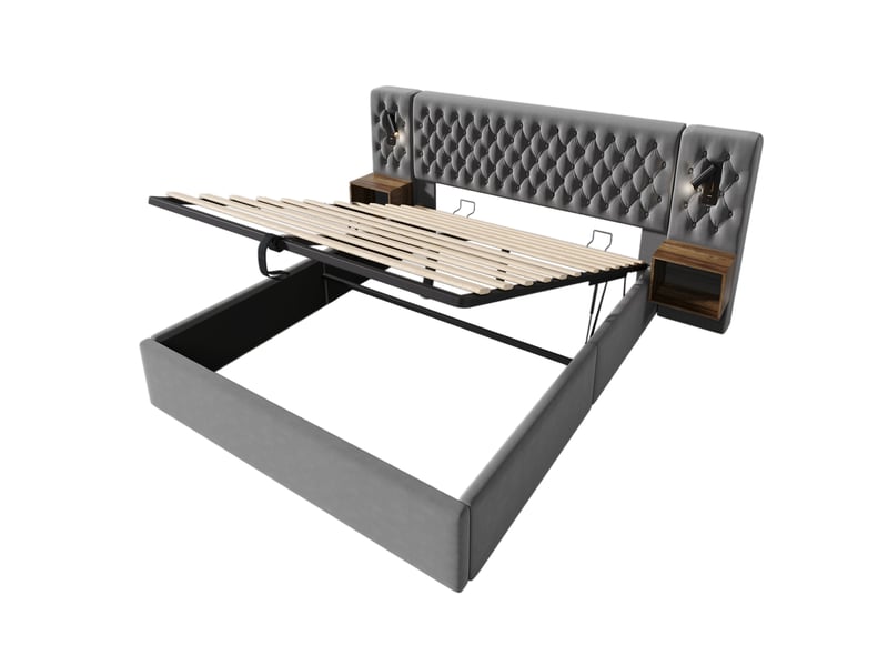  Lit coffre 160x200 cm avec 2 chevets, eclairage led, ports usb, velours gris  - Conforama A