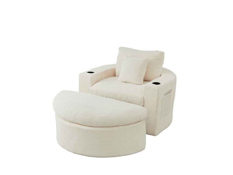  Canapé en velours côtelé rond avec pouf, fauteuil relax 1 place avec rangement et porte-gobelet, design lounge moderne - beige  - Conforama A