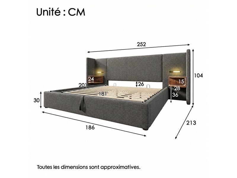  Lit coffre hydraulique 180x200 en lin gris, avec liseuses et ports usbusb-c  - Conforama C