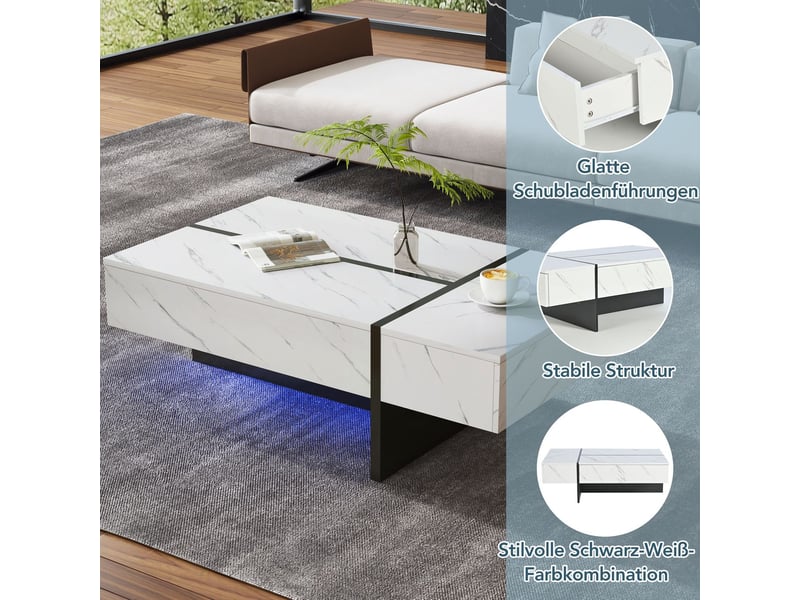  Table basse 110x60, plateau effet marbre brillant table basse salon, led intégrées app contrôlées, rangement intégré 3 tiroirs  - Conforama C