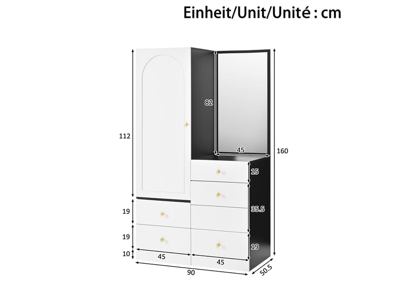 Armoire coiffeuse en mdf avec poignées en fer, miroir en pied, tabouret escamotable, tiroirs compartimentés - Conforama C
