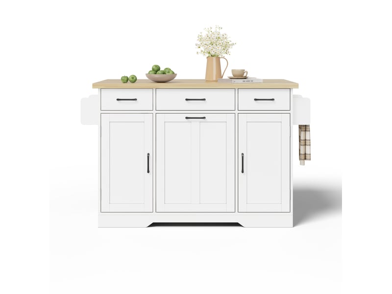 Îlot de cuisine mobile 120x70x87 cm avec plateau rabattable en mdf, blanc et naturel - Conforama A