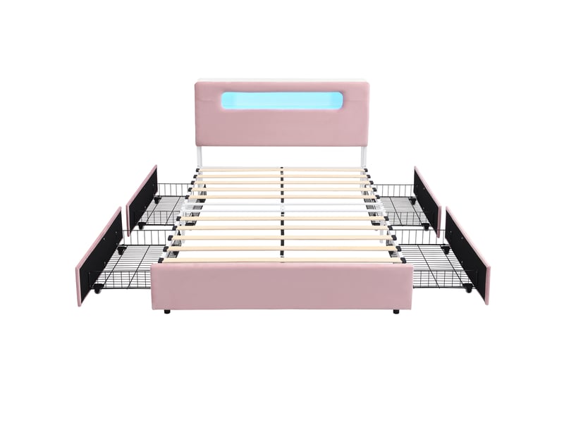  Lit enfant rembourré 140x200 cm rose avec 4 tiroirs, rangements et led app  - Conforama D