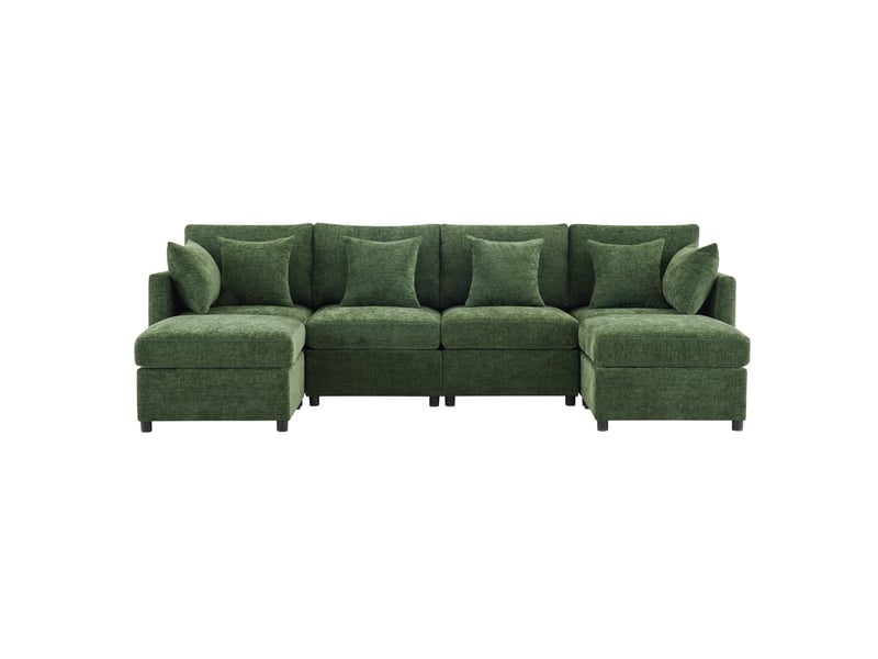  Canapé modulable 4 à 6 places, convertible en u ou en l, avec 2 poufs et 6 coussins, chenille vert  - Conforama A