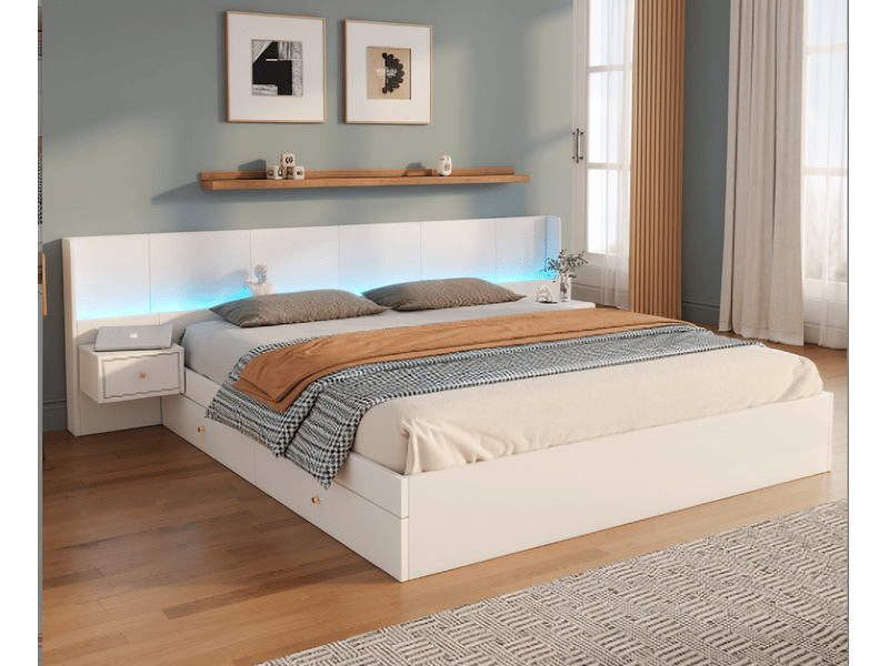  Lit double 180x200 cm avec 2 tiroirs sous le lit et 2 tables de chevet, led multicolore contrôlée par application, prises et usb, mdf blanc  - Conforama B