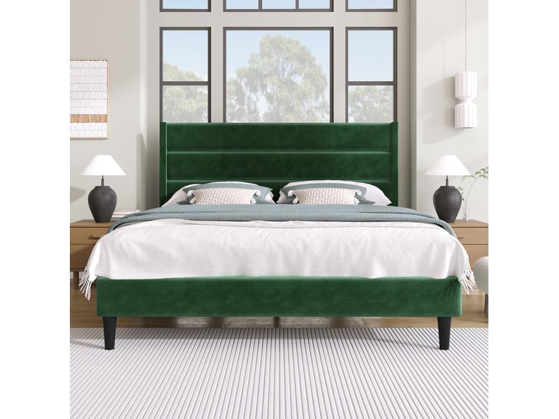  Modenvie lit double rembourré 140x200 cm - velours, tête de lit capitonnée, sommier et matelas inclus - vert  - Conforama D