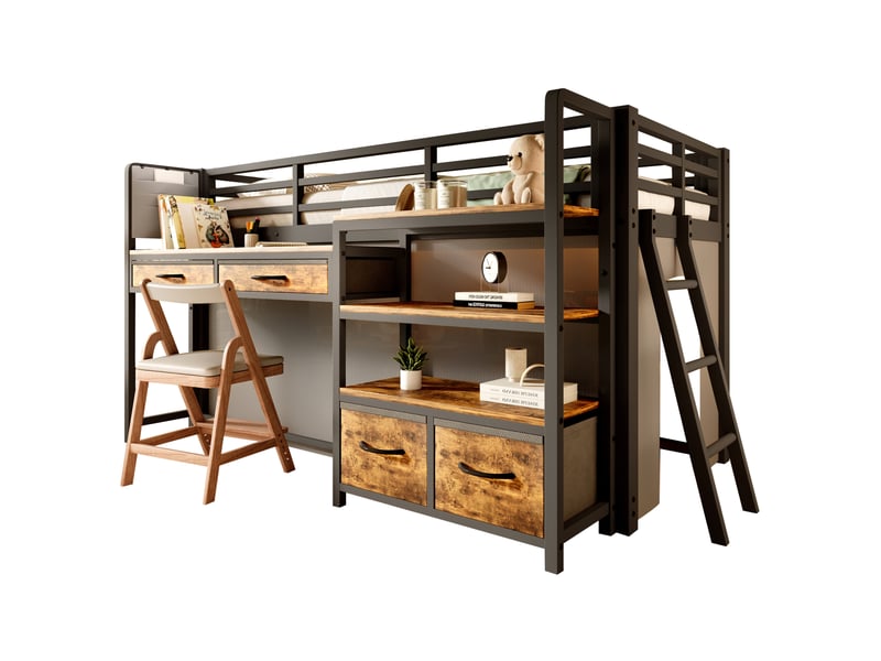 Lit mezzanine 90 × 200 cm avec bureau, étagères, tiroirs en tissu, rideau et éclairage led pour chambre d'enfant - Conforama A