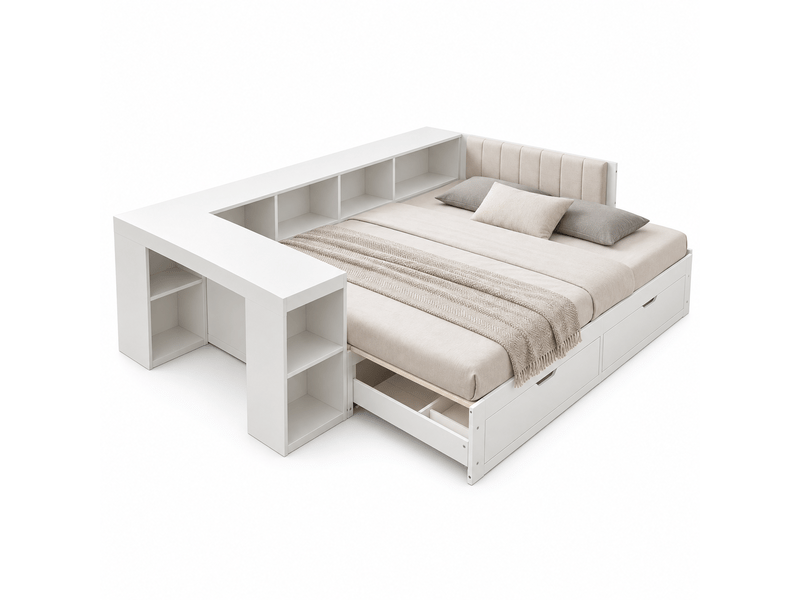  Lit extensible180 x 200 cm avec bureau intégré, tiroirs et étagères, lit banquette en bois blanc avec tête de lit rembourrée  - Conforama A