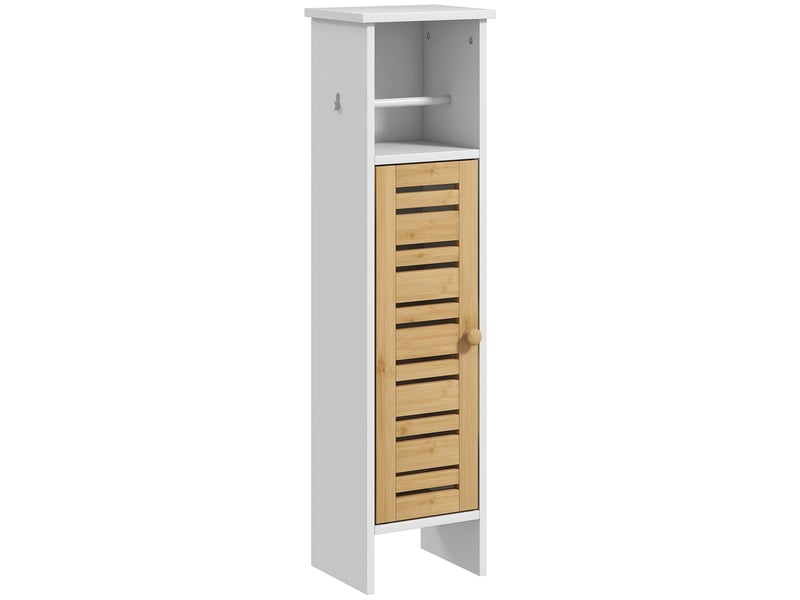  Meuble de salle de bains étroit blanc avec porte en bambou, 21 x 17 x 78 cm  - Conforama A