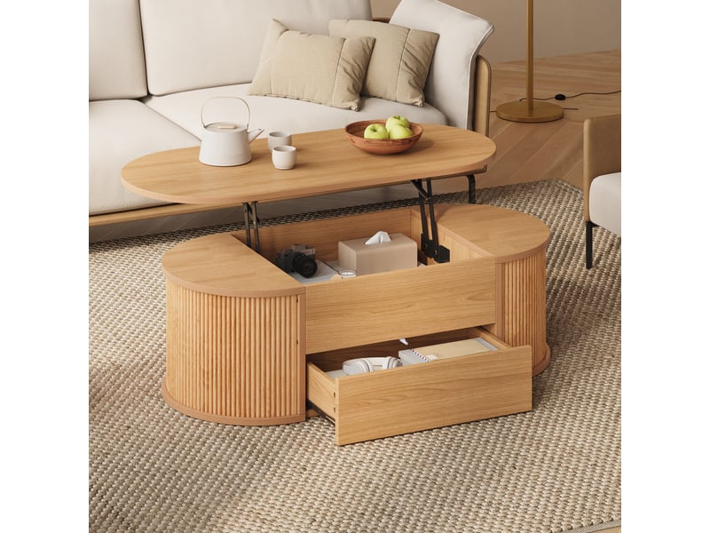  Table basse relevable 100x50x35 cm avec mécanisme hydraulique, 1 tiroir push-to-open et rangement caché, table de salon ovale en mdf, bois naturel OPULERANE TRADING LTD - Conforama E