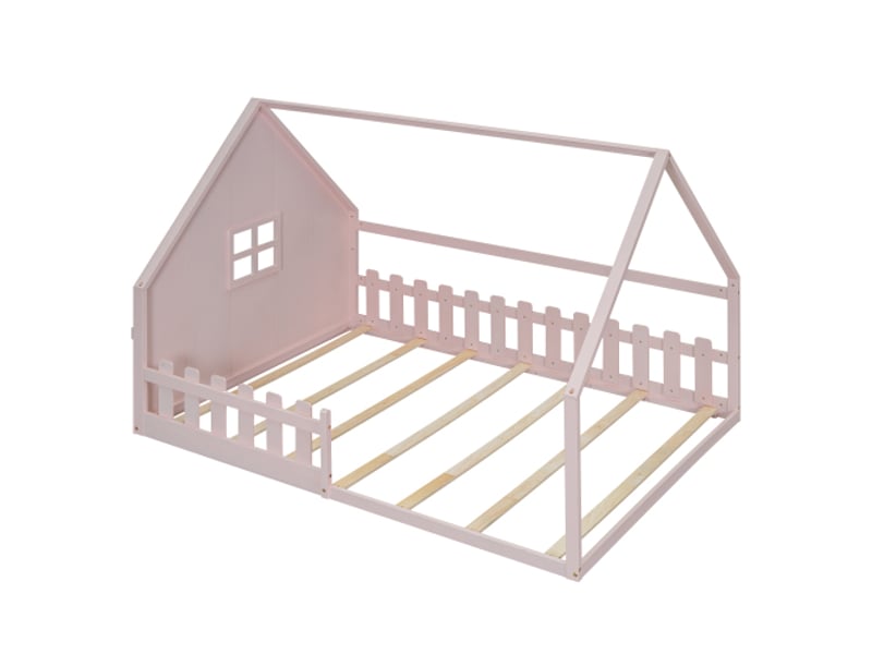  Lit cabane 140x200 cm, lit double avec barriéres de sécurité, cadre de lit en pin, rose, sans matelas  - Conforama E