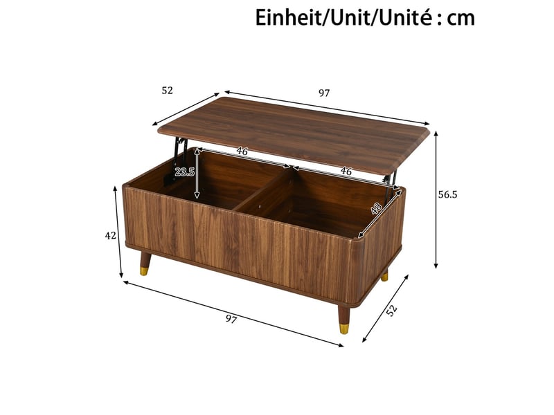 Table basse relevable rectangulaire – 97 x 52 x 42 cm – plateau relevable &amp; double coffre caché – bois - noyer  - Conforama C