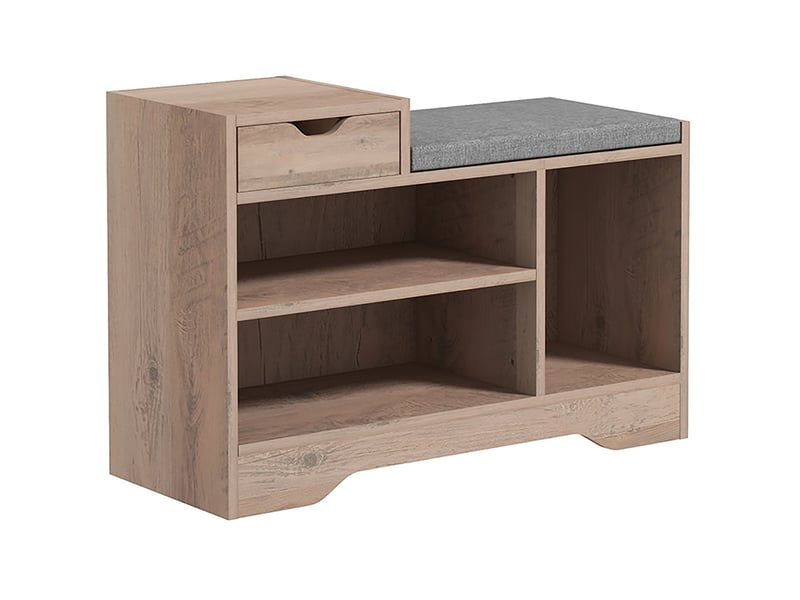  Banc à chaussures moderne avec 3 étagères ouvertes et tiroirs, en bois, polyester et mousse, 76,5 x 30 x 52 cm, gris  - Conforama A