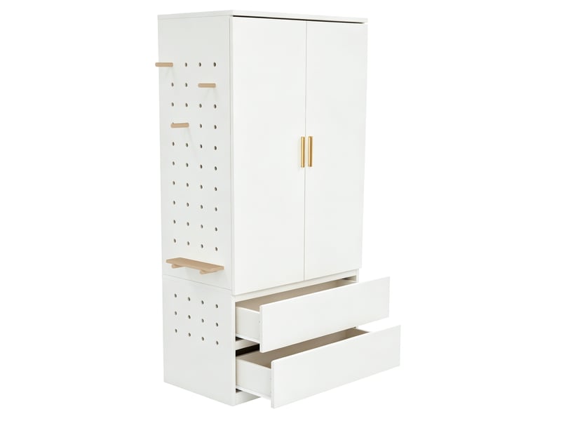  Armoire penderie 70 x 50 x 170 cm – blanche – 2 tiroirs, rangement dissimulé et panneau perforé latéral  - Conforama A
