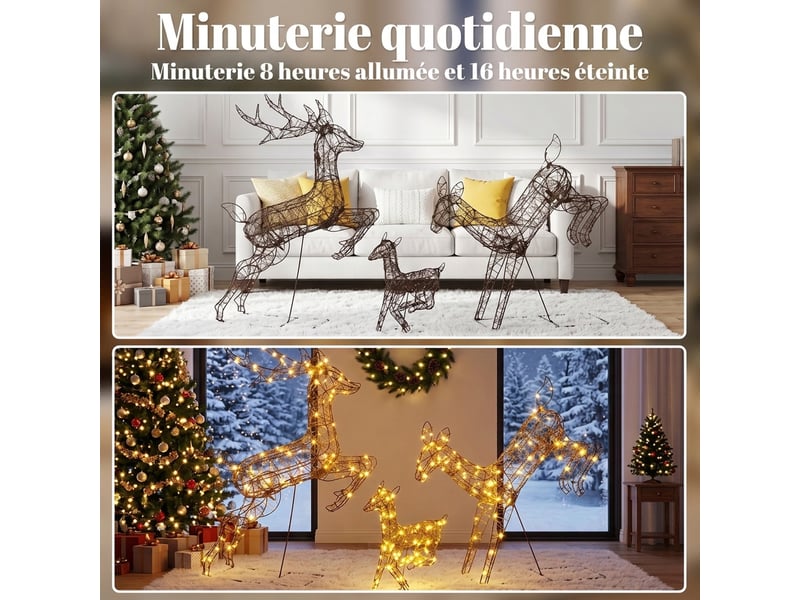  Lot de 3 rennes lumineux noël extérieur 120 cm, cerf lumineux noël avec 200 led blanc chaud, 8 modes et minuterie  - Conforama R