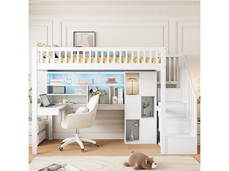  Lit mezzanine blanc 90x200 cm, led, bureau, escalier-rangement et étagères  - Conforama B