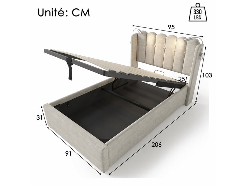  Lit coffre, lit simple en lin avec lampe de lecture, usb et rangement, 90x200 cm, sans matelas, naturel  - Conforama D