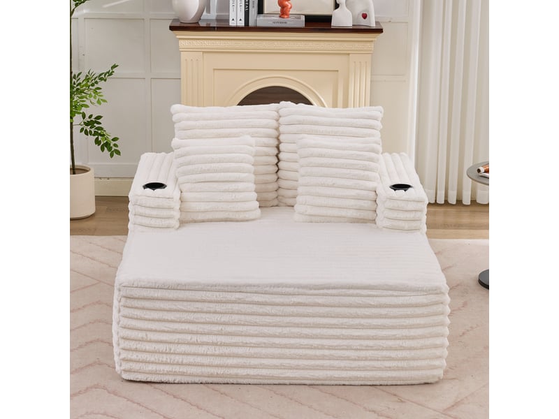Fauteuil 2 places - 135x128x86 cm - lit convertible chaiselongue surdimensionnée avec porte-gobelets et velours - blanc - Conforama C