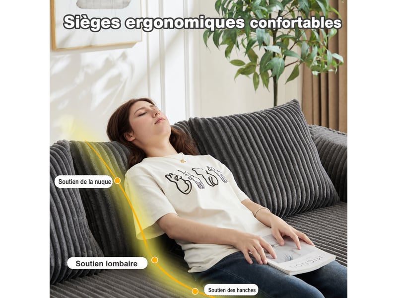  Canapé droit modulable 235 cm en tissu côtelé gris, lignes arrondies, sans montage, assise large pour salon  - Conforama W