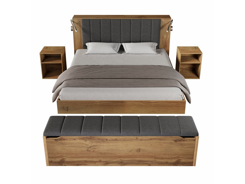  Lit 160x200 avec rangement, chevets, banc coffre et matelas evryae  - Conforama A
