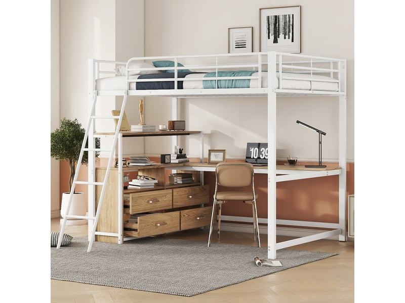  Lit mezzanine 140x200 cm avec bureau en l et tiroirs, structure en métal blanc et mdf, sans matelas  - Conforama D