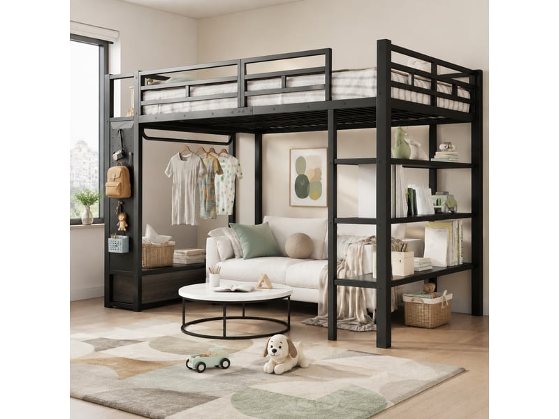  Lit mezzanine 140x200 cm en mdf et métal noir avec led et rangements  - Conforama B