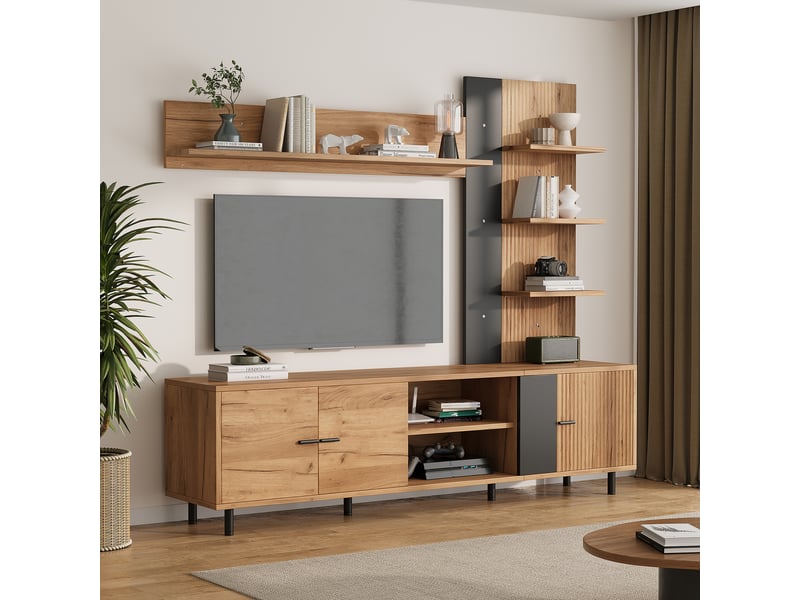 Meuble tv, avec étagères, 187,5 x 40 x 167 cm, en bois, coloris noir, pour salon, solution de rangement fonctionnelle, pour intérieur  - Conforama A