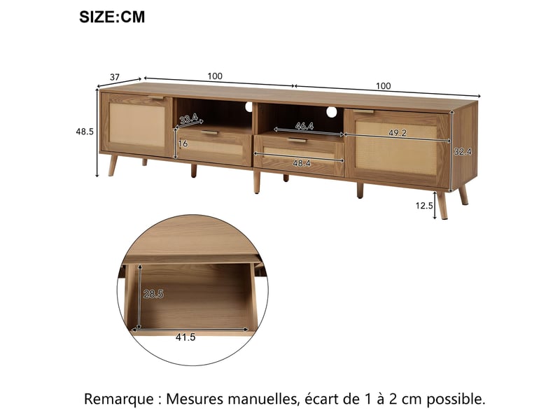  Meuble tv bas à façades effet rotin et pieds en bois massif, panneaux de particules, 200 × 37 × 49 cm, chêne  - Conforama C