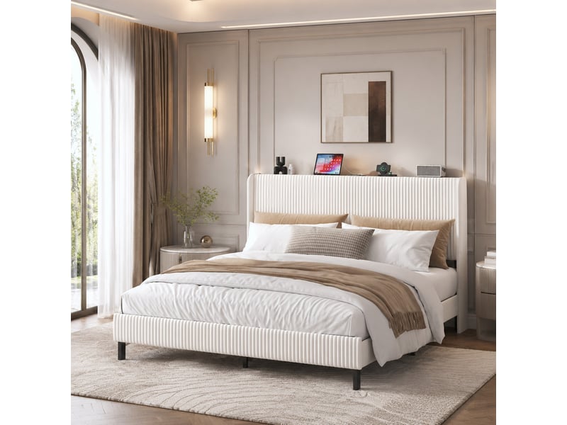  Cadre de lit 180x200 cm avec tête de lit en velours côtelé, beige et crème, métal  - Conforama E