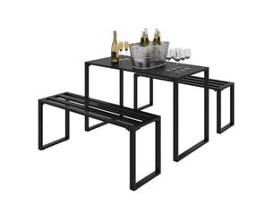 Ensemble de mobilier de jardin pour 4 personnes, 1 table et 2 bancs, métal, noir