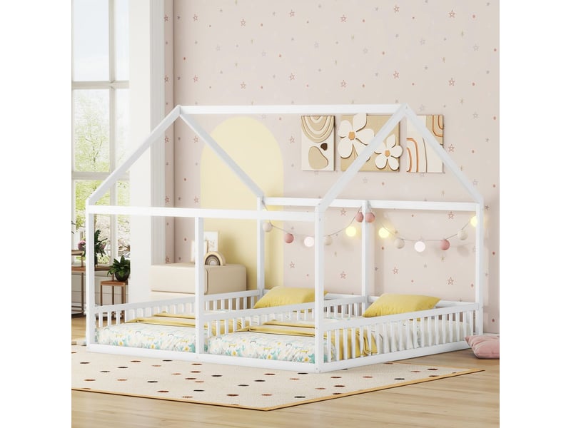  Lit cabane enfant 90x200cm design 2 en 1 double couchage au sol en bois massif blanc - lit enfant - toit, barrières, sommiers inclus  - Conforama B