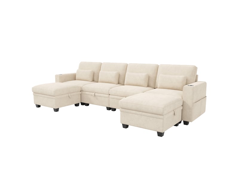  Canapé panoramique convertible 6 places en chenille beige, modulable ul avec 2 poufs de rangement, usbtype-c, dossier réglable, 278 x 148,5 x 88 cm  - Conforama A