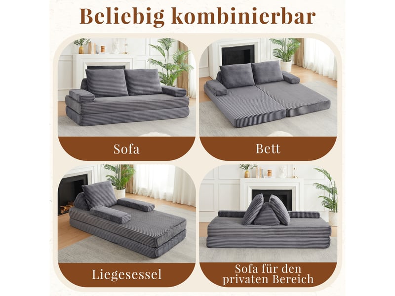  Canapé convertible 2 places en velours côtelé 211 cm, convertible sofa et lit, 2 dossiers triangulaires, 2 coussins, gris  - Conforama D