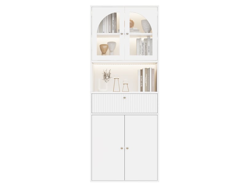  Vitrine led avec 4 portes vitrées et fermées, tiroir et niche ouverte, éclairage rgb, pour salon, blanc, 70 × 35 × 180 cm  - Conforama E