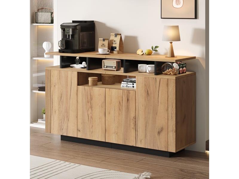  Buffet 4 portes avec 3 compartiments ouverts, naturel, 140 x 40 x 85 cm  - Conforama B