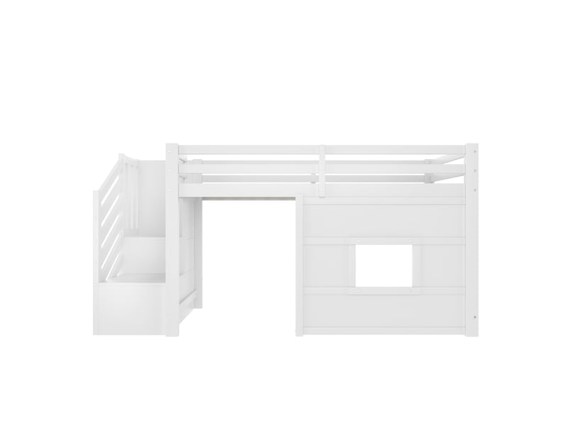 Lit mezzanine 90x200 cm blanc, avec escalier de rangement, fenêtre, led, garde-corps, sommier inclus, sans matelas - Conforama E