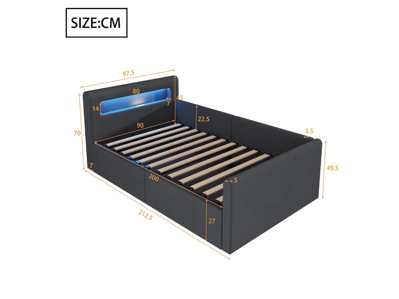  Lit coffre enfant 90x200 cm, led, port usb, espace de rangement, sommier, velours gris foncé, sans matelas  - Conforama C