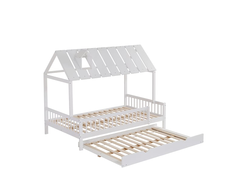  Lit cabane avec lit d'appoint, toit avec rebord de cheminée, lit enfant, lit adolescent, avec barrière de sécurité sur 3 côtés, pin et mdf, blanc, 120 x 200190 cm  - Conforama E