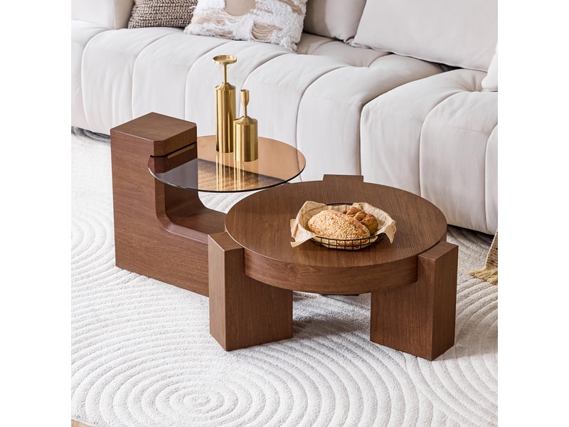  Set de tables basses gigognes rondes – mdf décor noyer et verre brun – ø 61 cm  - Conforama C