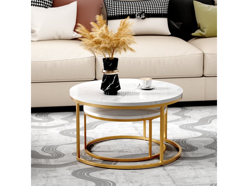 Table basse gigogne 2 pièces effet marbre blanc doré mdf structure métal cravdom  - Conforama D