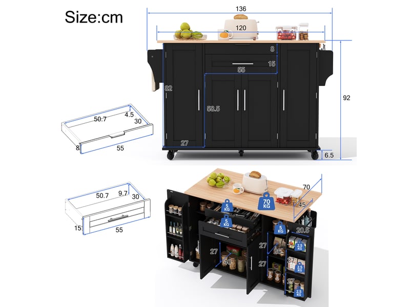  Desserte de cuisine 136 x 70 x 92 cm noir et naturel en mdf, plateau extensible sur roulettes avec rangement  - Conforama C