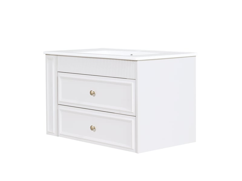 Meuble vasque suspendu 81 x 47 cm - blanc brillant - 2 tiroirs, rangement lateral et vasque ceramique - Conforama D