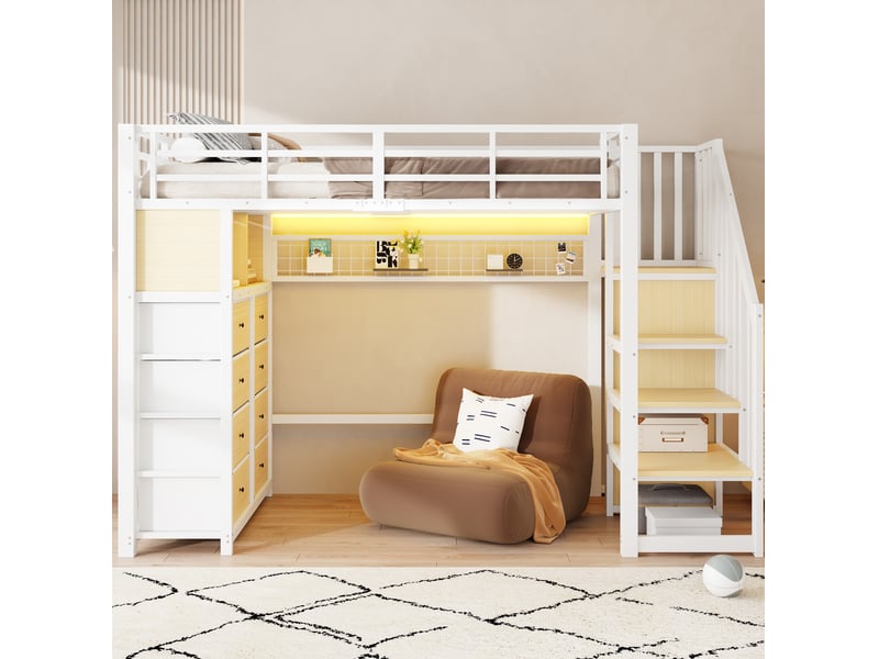  Haut lit 90x200 cmavec 8 tiroirs, led, rangements, escalier intégré, garde-corps, métal mdf, blanc sans matelas  - Conforama B