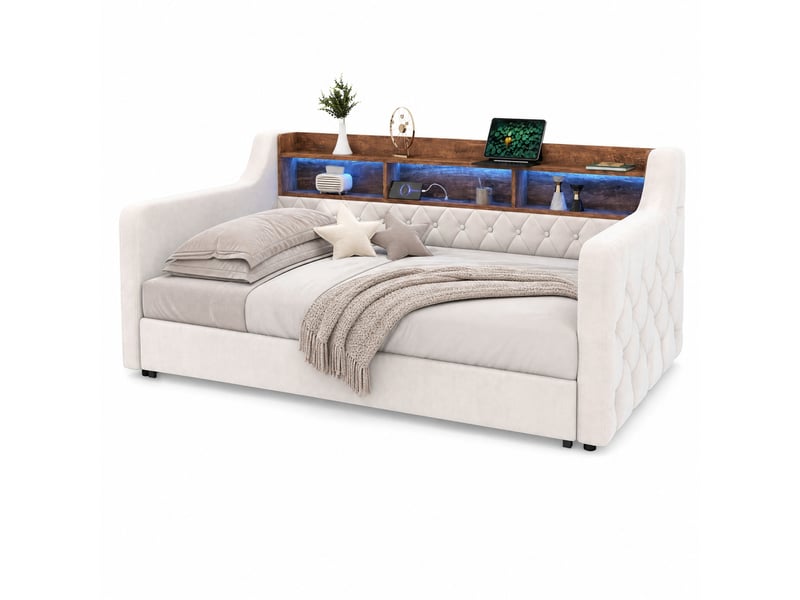  Lit gigogne 2 places en velours avec rangement, usb-c et led réglable, 90×190 cm, sans matelas, beige  - Conforama A