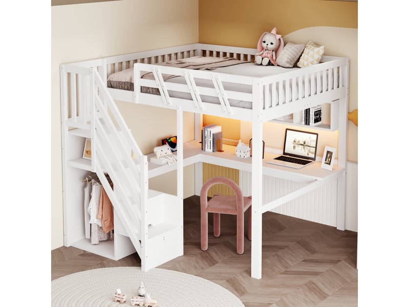 Lit mezzanine double 140 × 200 cm avec escalier rangement, bureau, led et prises, sans matelas, en bois, blanc - Conforama B