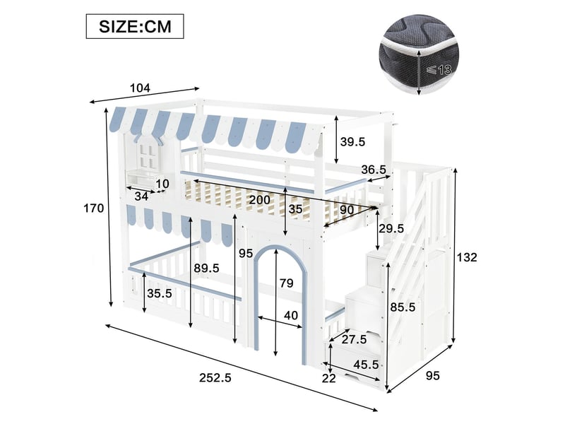  Lit superposé 90x200cm escaliers de rangement sommiers inclus - lit double - design maison fenêtres bois pin blanc bleu pour enfants  - Conforama C