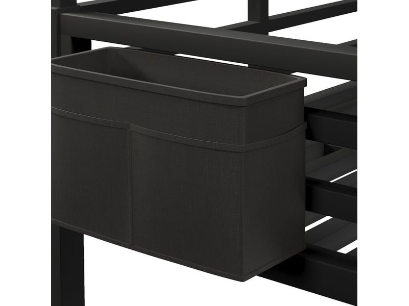  Lit superposé 140 × 200 cm 2 places avec led réglable, poches, barrières, sans matelas, en métal, noir  - Conforama E